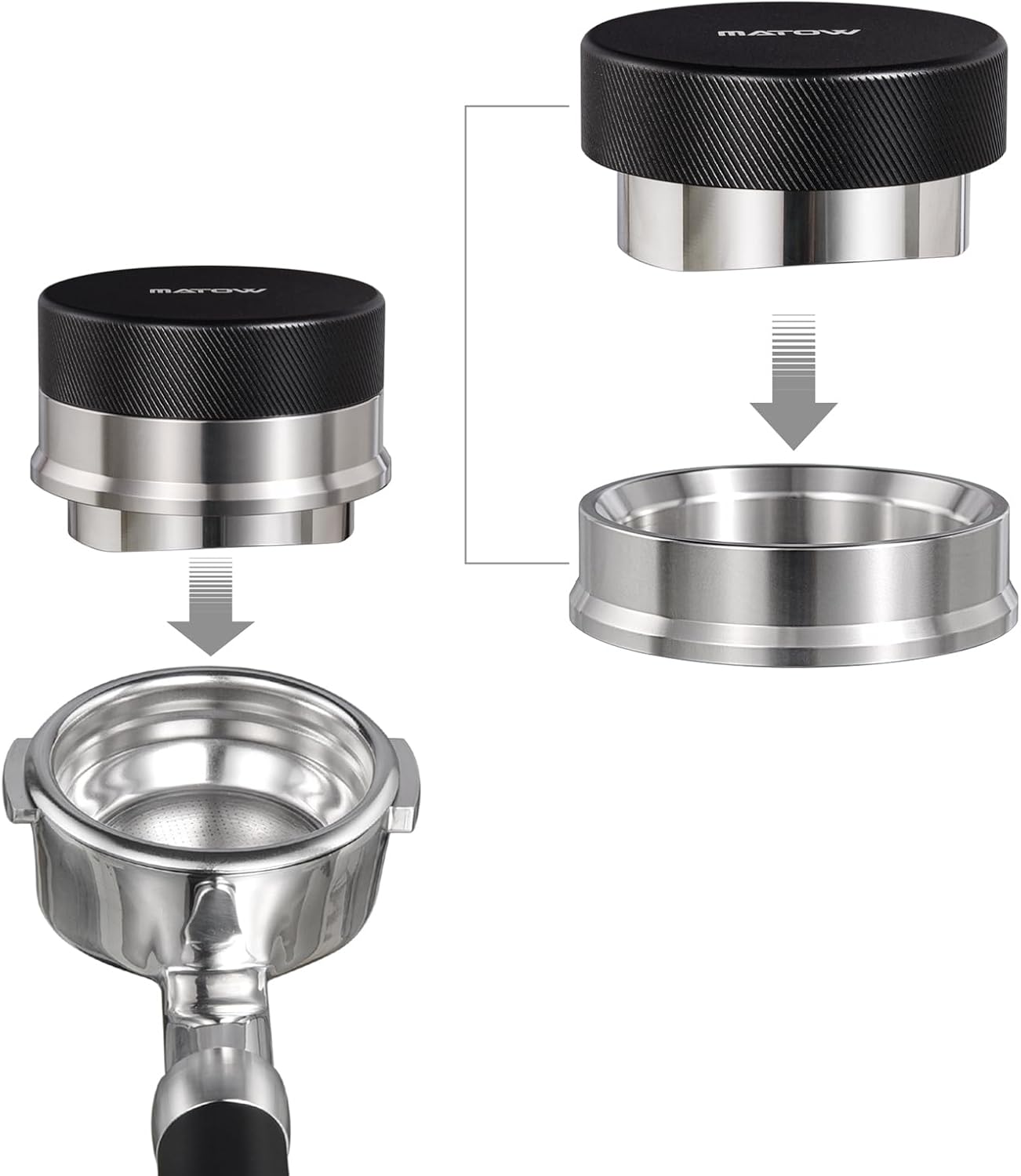 MATOW 2 in 1 Design Gravity Distributor and Magnetic Dosing Funnel Combo, 58.5mm Adaptive Espresso Distributor and Stainless Steel Dosing Ring Set Fits All 58mm Portafilter