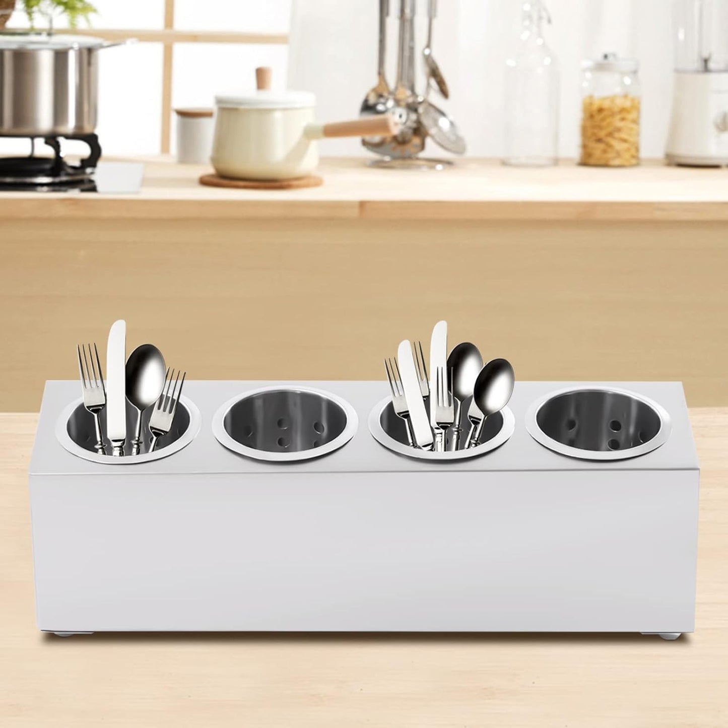 Stainless Steel Flatware Utensil Holder, Commercial Cylinder Silverware Organizer for Countertop Restaurant, 4-Hole