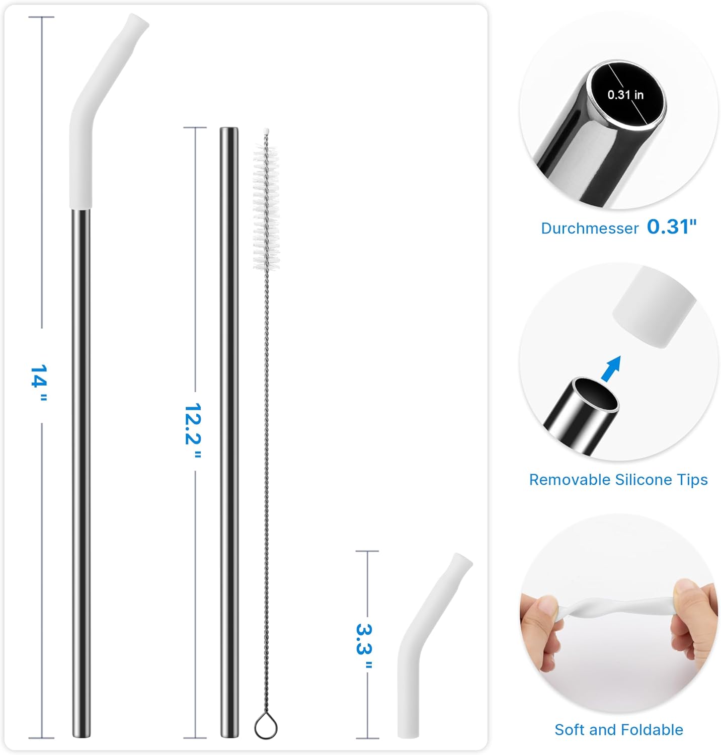 Metal Straw with Silicone Tip for 40oz Stanley Cup, 2 Pcs Stainless Steel Straws Replacement for Stanley 40 oz Adventure Quencher Travel Tumbler Cup, 1 Straw Brush (White)