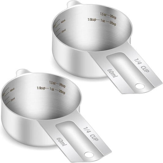 2PCS 1/4Cup (60ml, 2oz) Single Measuring Cup, Etched Inner Scale Stainless Steel Measure Scoop, Metric and US Measurement, Dishwasher Safe