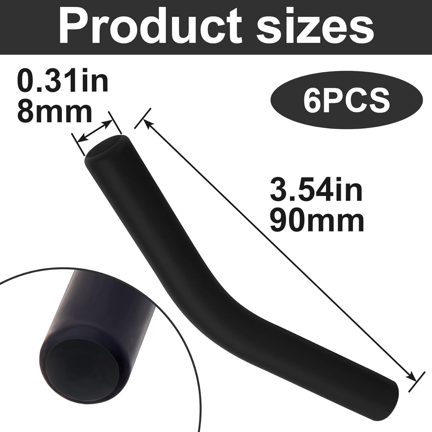 6pcs Food-Grade Silicone Straw Tips, Reusable Metal Straw Elbows Tips, Temperature Resistant Rubber Straw Covers Replacement Tip for 5/16" Stainless Steel Straws - Black