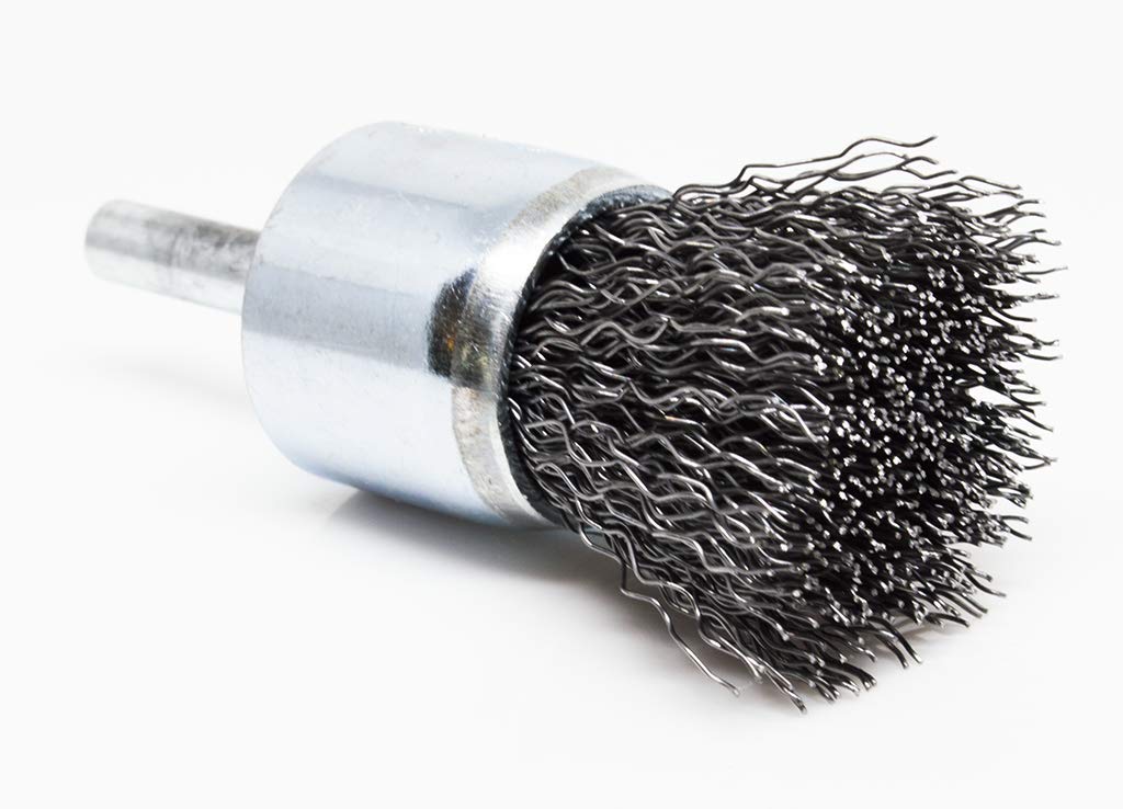 Benchmark Abrasives 1" Crimped Wire End Brush Die Grinder for Cleaning deburring on Cast Iron, Steel, Titanium, Nickel, 1/4" Shank for Rotary Tools (5 Pack) - Carbon Steel