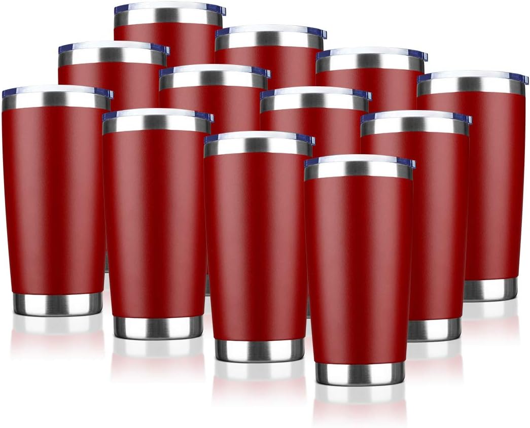 20oz Tumbler Bulk Stainless Steel Vacuum Insulated Tumblers with Lid Double Wall Travel Mug, Durable Powder Coated Coffee Cup, Suitable for Ice Drinks and Hot Beverage (Red 12pack)