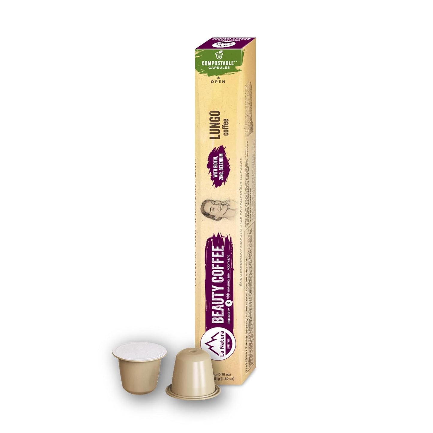 La Natura Lifestyle Beauty Coffee Pods - Lungo Roast European-Style with Biotin, Zinc & Selenium for Hair, Skin & Nails Health - Nespresso Original Line Compatible Pods - Pack of 10