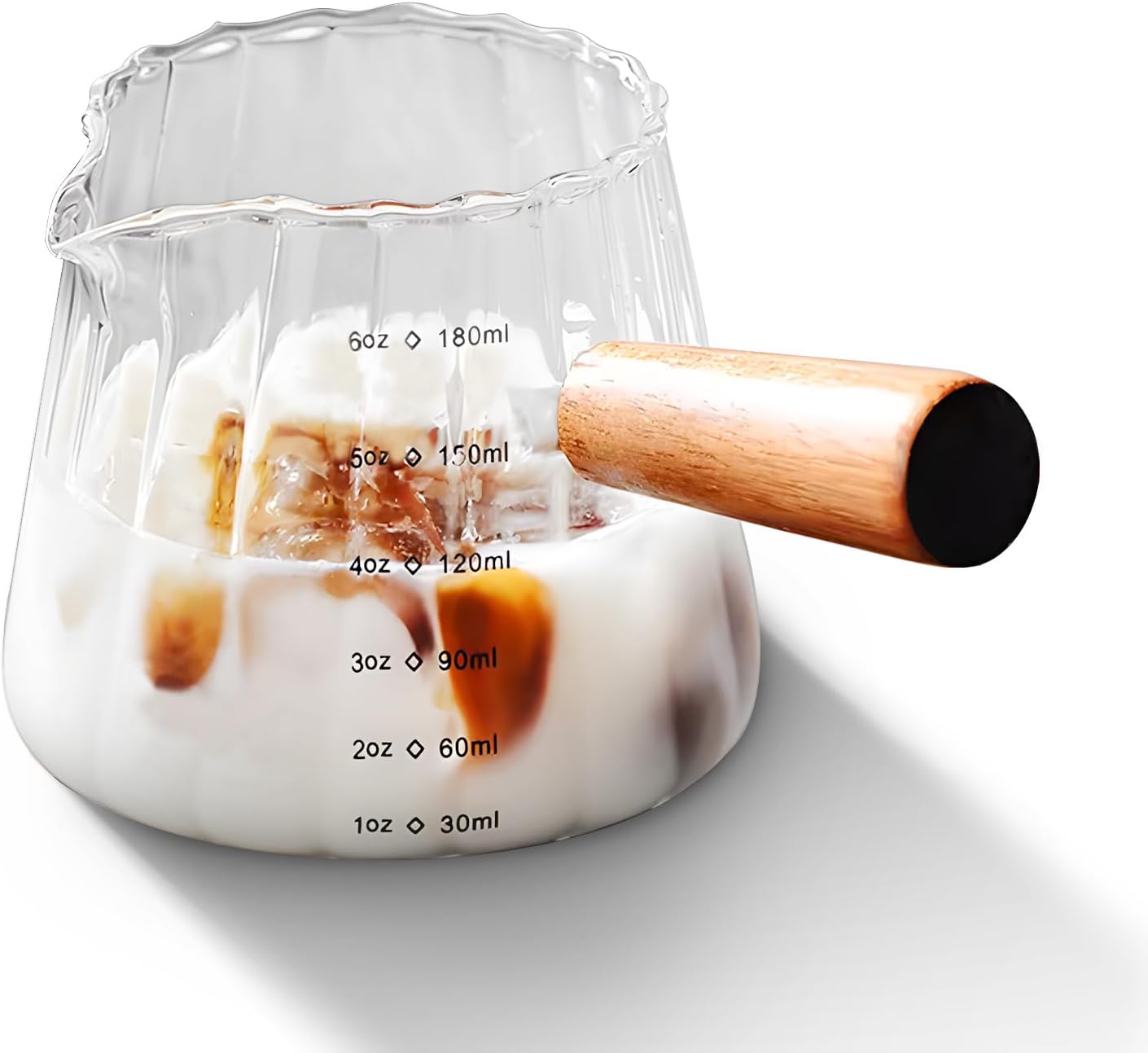 YARRAMATE 6 oz/180ML Glass Measuring Cup with Wooden Handle – Espresso Shot Cups, Ribbed Milk Frothing Pitcher, Dual Scale Markings, V-Shaped Mouth for Easy Pouring