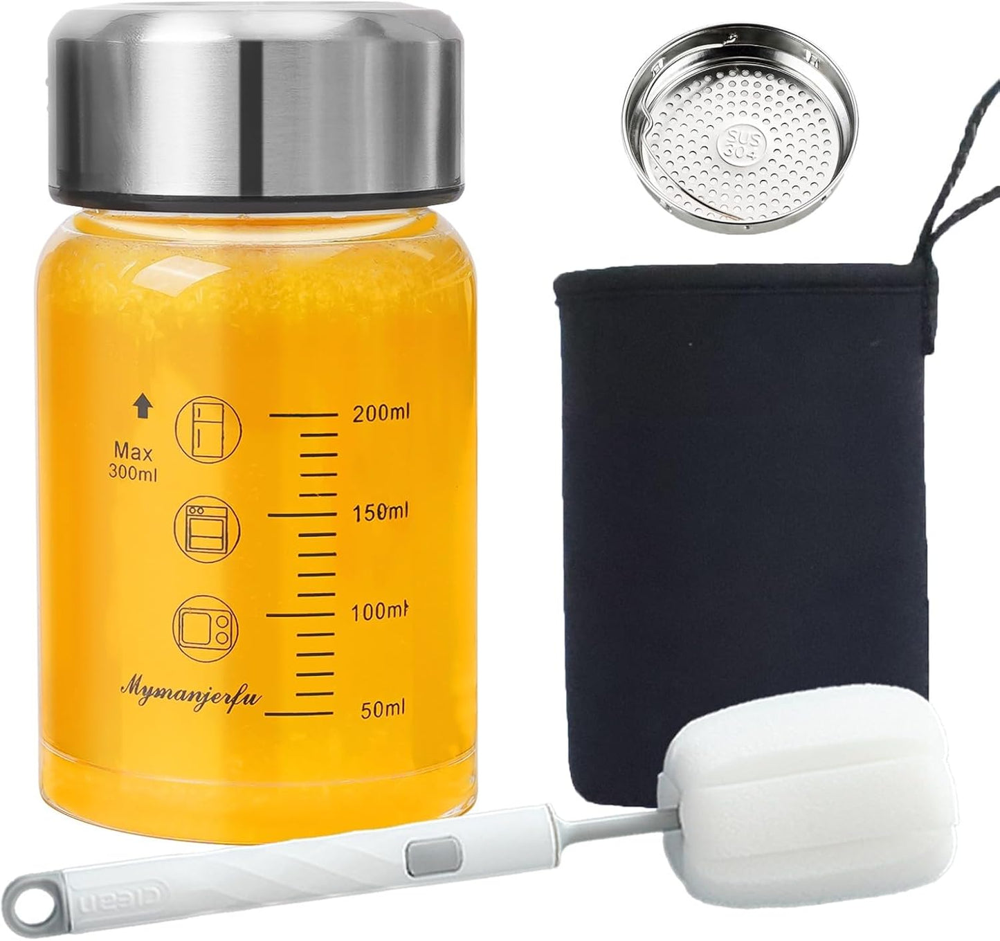 Glass Juice Bottles 10 oz - Wide Mouth Glass Water Bottles with Lids and Sleeve- for Juicing, Smoothies, Milk, Protein, Reusable, Stainless Steel Lids, Leak Proof, Shaker bottle (10oz/300ml)