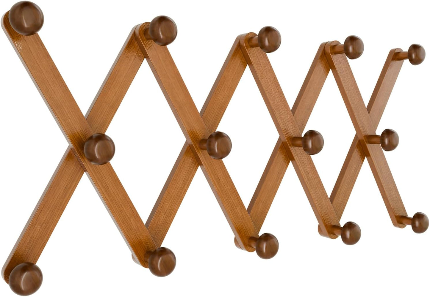 Accordion Wall Hanger 14 Hooks, Expandable Coat Rack Wall Mount for Coats, Hats, Bags, Baseball Caps, Solid Wooden