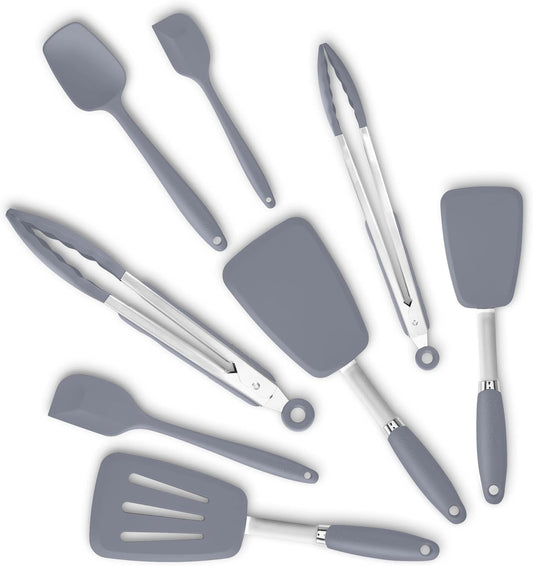 Silicone Spatulas Set Turners Tongs Cooking Utensils Set High Heat Resistant Kitchen Scraper Spatulas for Cooking Mixing Baking BPA Free Dishwasher Safe, Grey