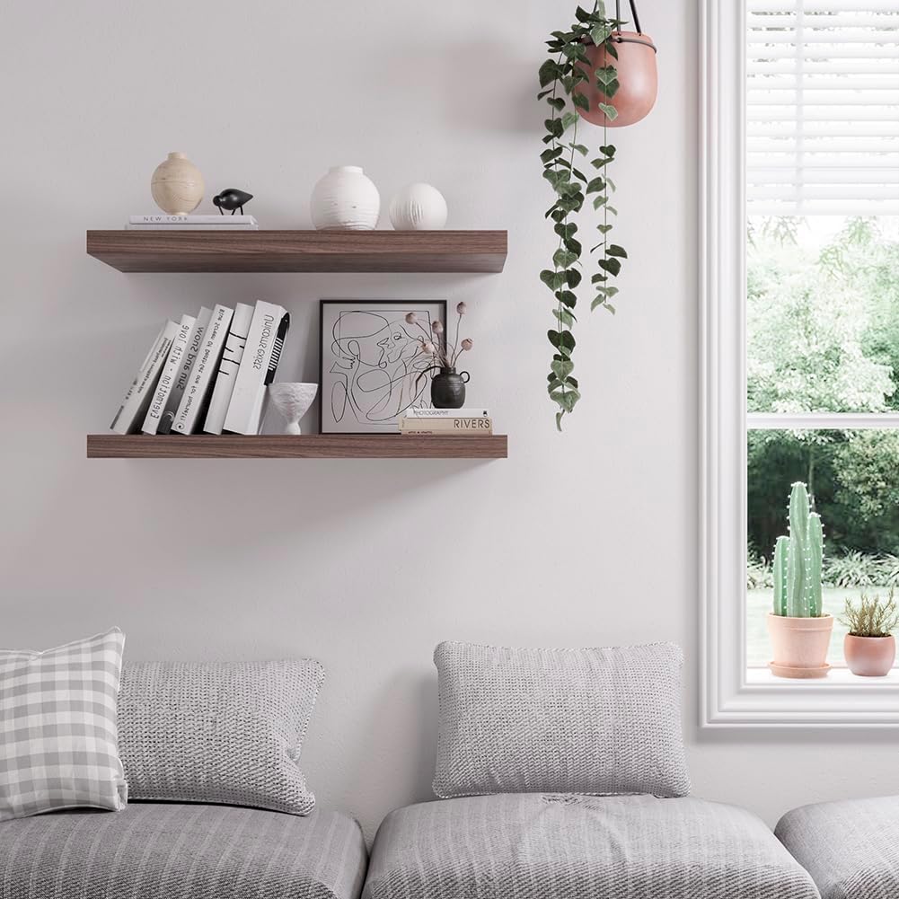 Floating Shelf, Set of 1 Wall Shelf, 36 in W x 12.75 in D x 2 in H Wooden Floating Wall Shelf with Invisible Brackets for Living Room/Bedroom/Bathroom/Kitchen Storage and Decor, Walnut
