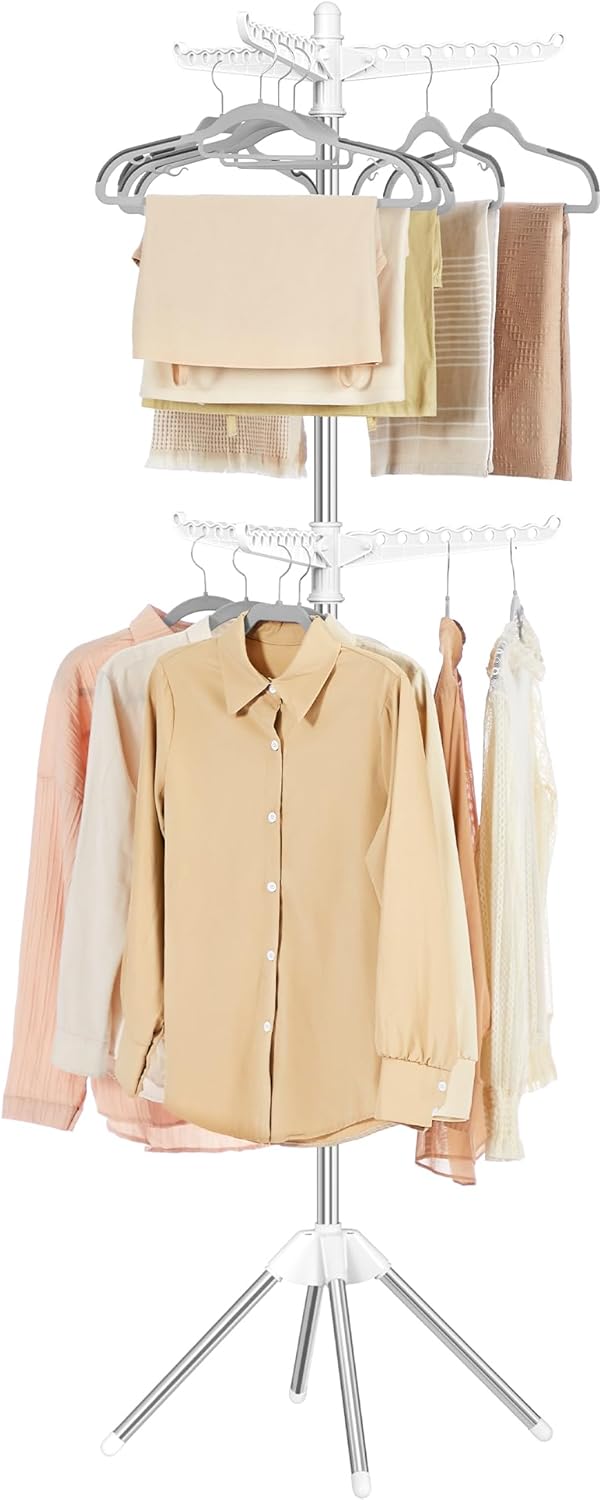 SONGMICS 2-Tier Clothes Drying Rack, 75.2-Inch Folding Laundry Drying Rack with 6 Rotatable Arms for Hangers, Stainless Steel, for 54 Pieces of Clothes, White and Silver ULLR514W01