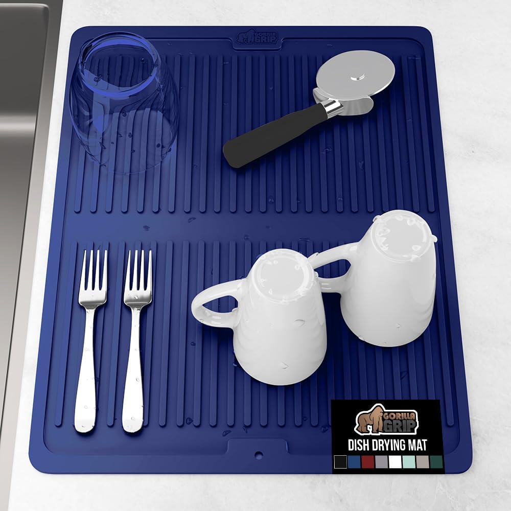 GORILLA GRIP 100% BPA-Free Patented Silicone Dish Drying Mat for Kitchen Counter, 18x16 Inch, Water Catching Ribbed Design, Easy Clean Waterproof Sink Liner, Heat Resistant, Fits Under Rack, Blue