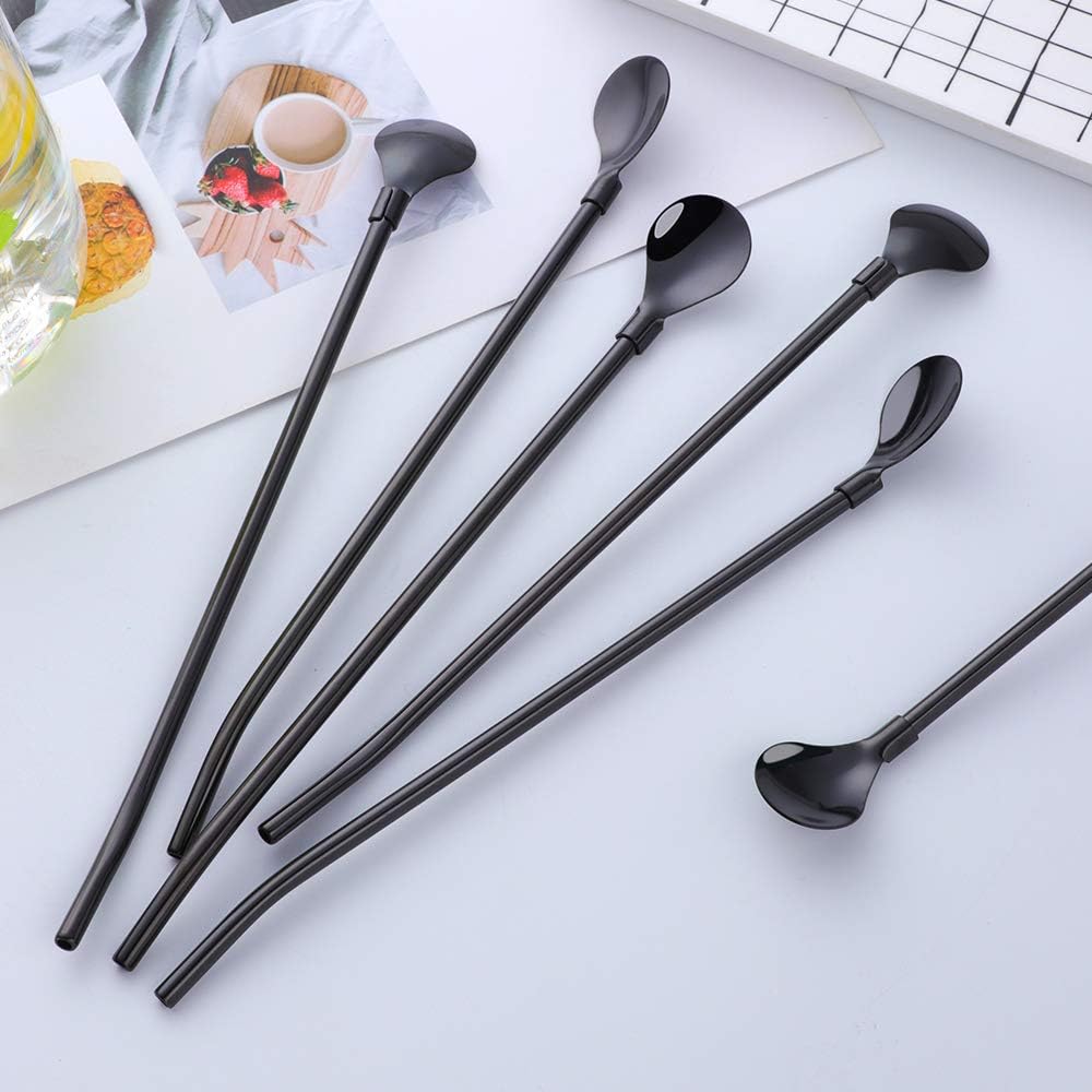 Straws, 8-Piece 8.5inch Black 18/8(304) Stainless Steel Reusable Straws + 2 Brushes