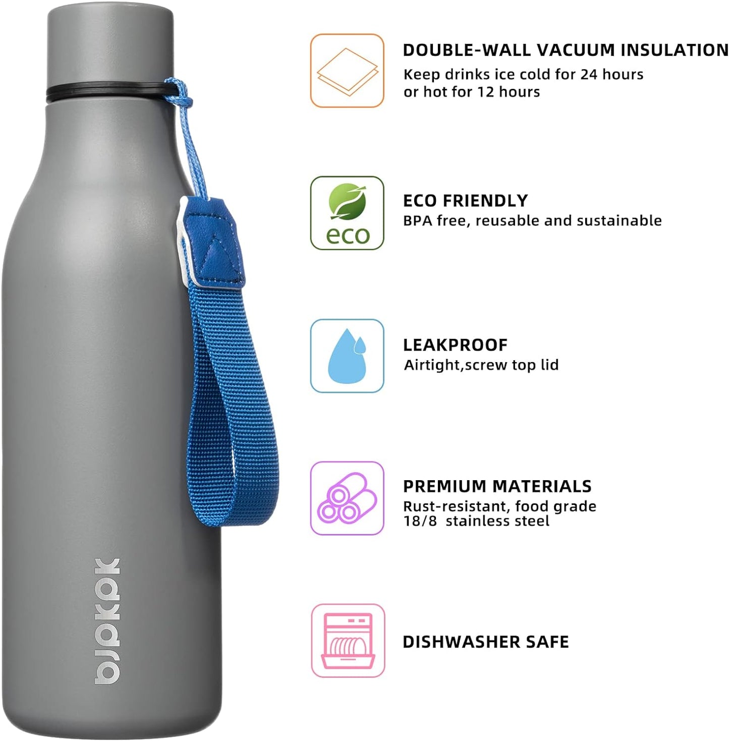 BJPKPK Insulated Water Bottles, 18 oz Stainless Steel Metal Water Bottle with Strap, BPA Free Leak Proof Thermos, Mugs, Flasks, Reusable Water Bottle for Sports & Travel, Grey