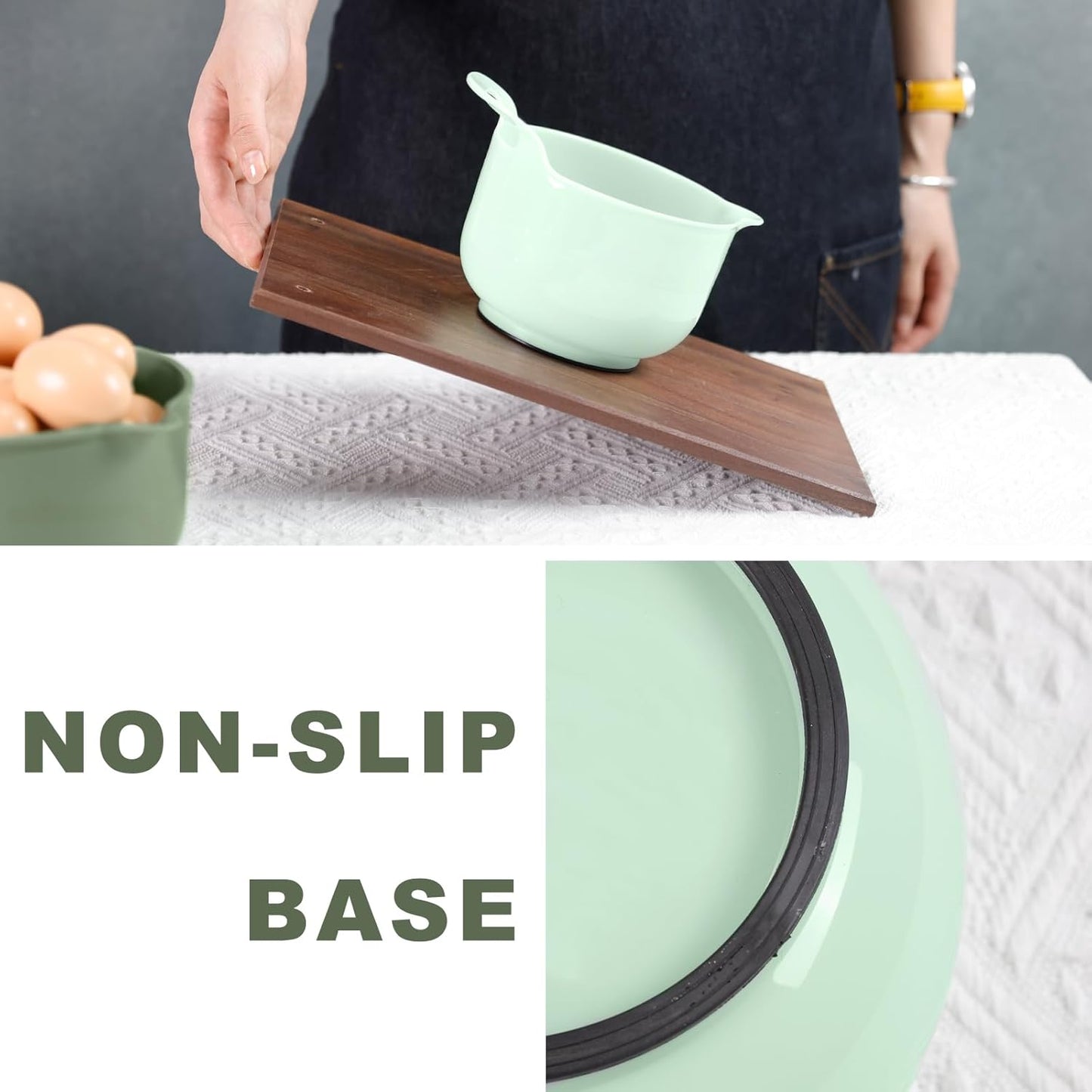 BoxedHome 4 Pack Nesting Mixing Bowl with Pour Spout and Handle, BPA free Microwave & Dishwasher Safe(Green/Blue, 4 Pack with Handle)