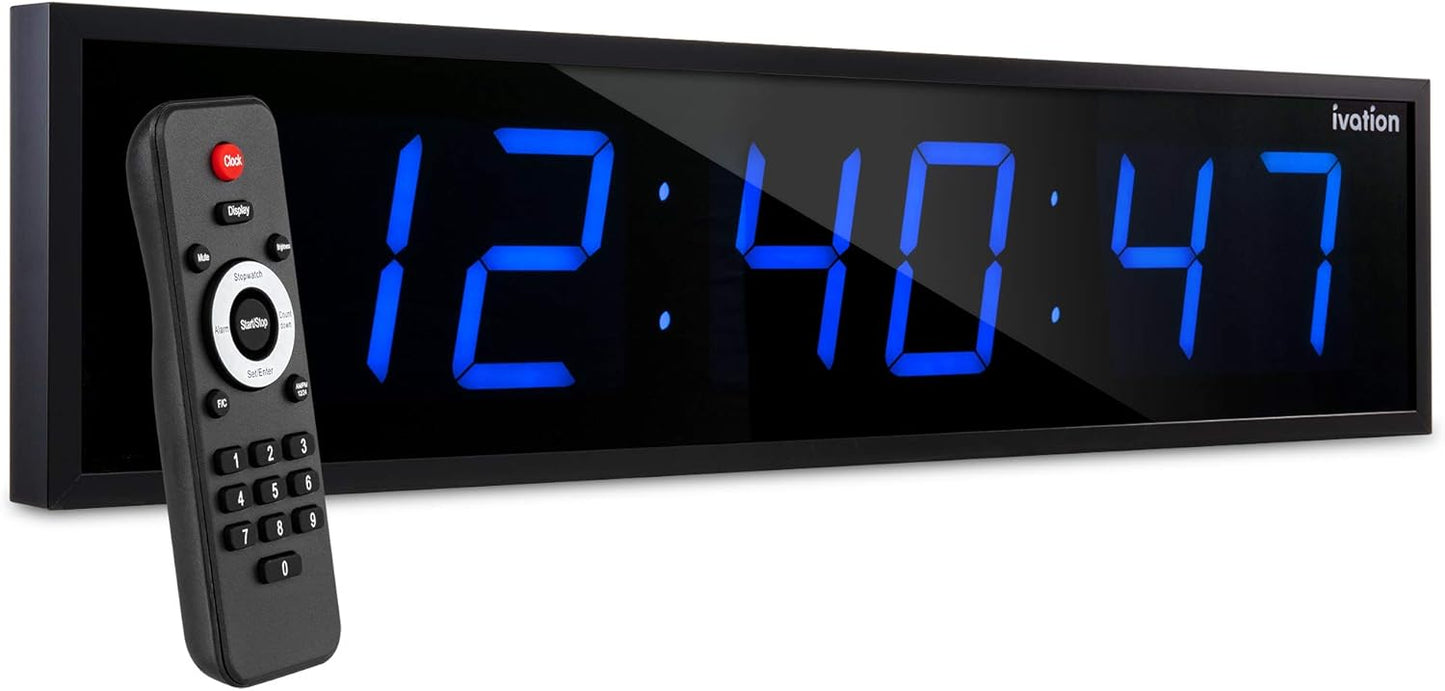 Ivation Oversized 36" Large Digital LED Clock | Big Digital Clock w/Multi-Function Display – Stopwatch, Timer, Alarms, Temp & Date | 6 Brightness Levels, Time Memory & Remote (Blue)