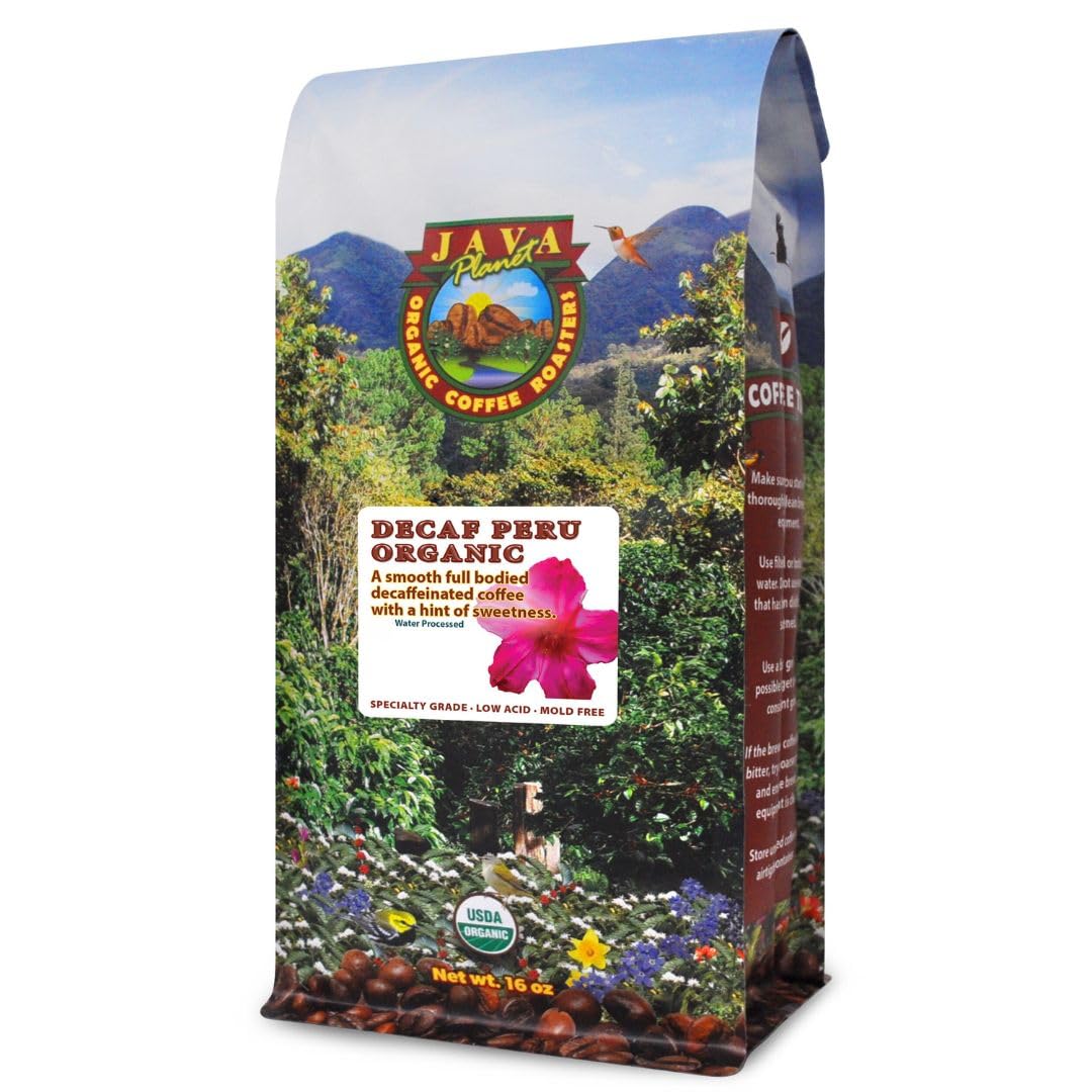 Low Acid Organic Coffee – Whole Bean, Mold-Free & Stomach Friendly by Java Planet, Peruvian Single Origin Decaf Coffee, Medium Dark Roast, Water Process, Smooth Full Flavored, 1LB Bag