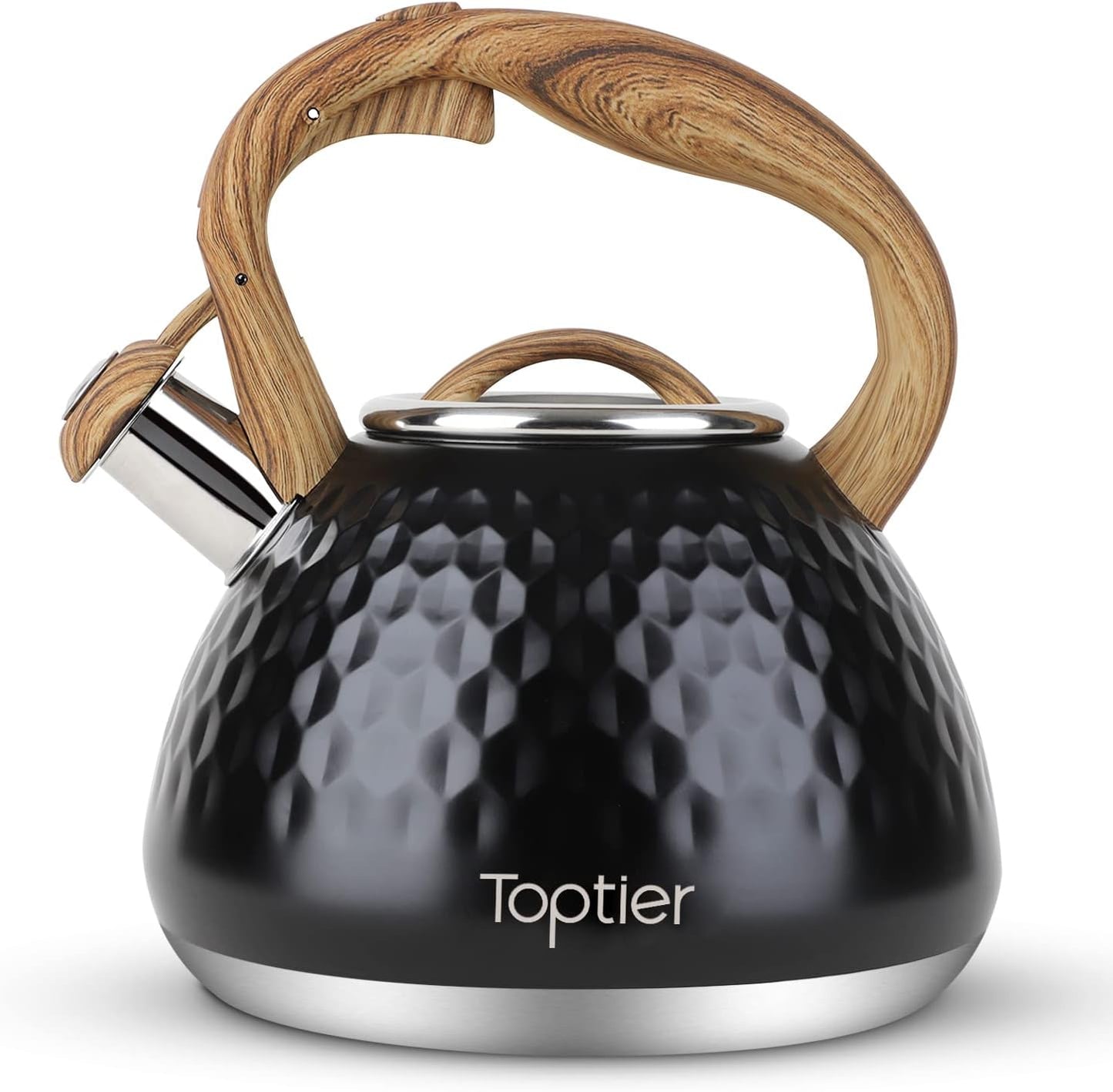 Tea Kettle, Toptier Teapot Whistling Kettle with Wood Pattern Handle Loud Whistle, Food Grade Stainless Steel Tea Pot for Stovetops Induction Diamond Design Water Kettle, 2.7-Quart Black
