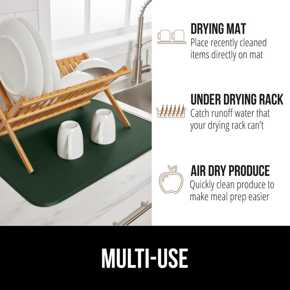 GORILLA GRIP Ultra Water Absorbent Microfiber Dish Drying Mat, 18x24, Quick Dry Thick Mesh, Slip Resistant Pad for Sink Dishes Under Rack, Kitchen Counter Accessories, Machine Wash, 2 PK Hunter Green