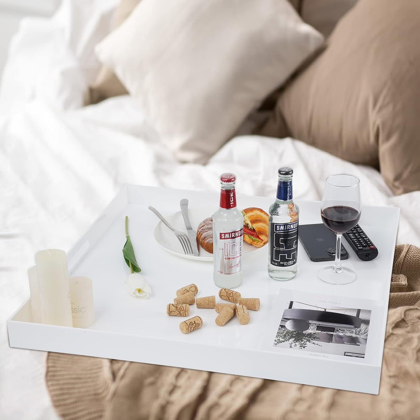 24×24 Inches Glossy White Acrylic Serving Tray with Handles Extra Large Ottoman Tray Decorative Trays Spill-Proof Coffee Table Space Saver Oversize Counter top Organizer Platter with Safe Edge
