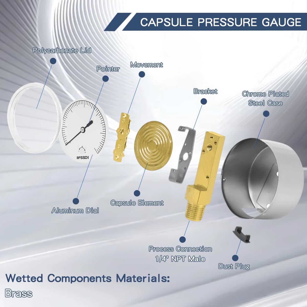 0-15 Inches of Water Column Gauge, Low Pressure Gauge, Capsule Gauge, 304 Stainless Steel Case, 2.5" Dial Size, 1/4" NPT Lower Mount, Zero Adjustment, for Air Water Gas Pressure Test