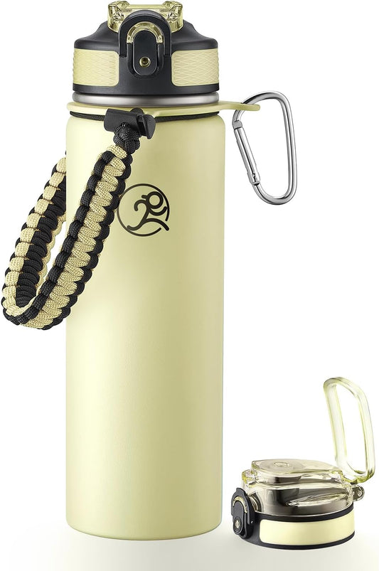 GOSWAG Insulated Sports Water Bottle, 24oz 2 Lids(with Straw/No Straw), Stainless Steel Water Bottles with Paracord Handle, Insulated Bottle with Double-Wall Vacuum Insulation