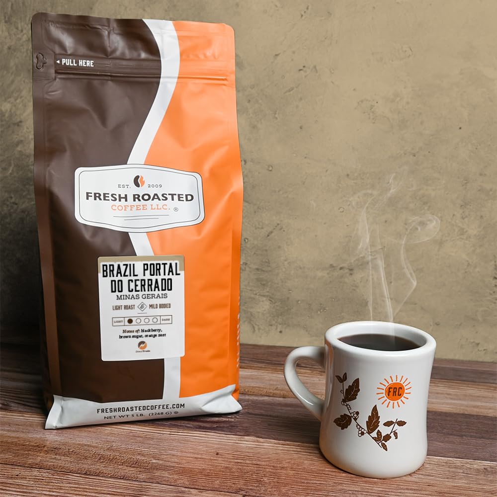 Fresh Roasted Coffee, Brazil Minas Gerais, 5 lb (80 oz), Light Roast, Kosher, Ground