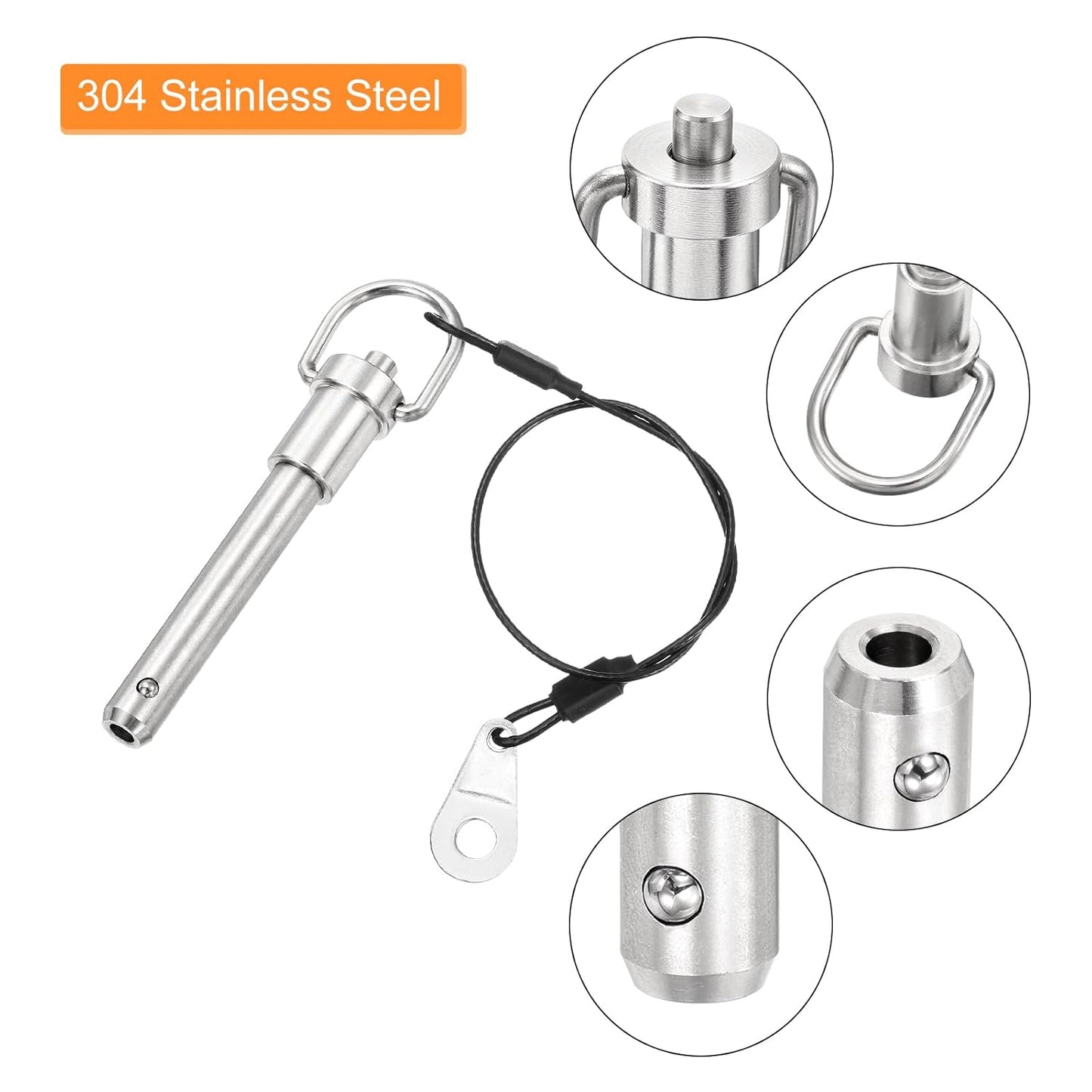 uxcell 2 Pcs Quick Release Pin, 3/8" x 1.5"(Dia. x L) Push-Button Ball Locking Pin 304 Stainless Steel Ring Handle Locking Pin with Wire for Audio Bimini Top Marine, Silver
