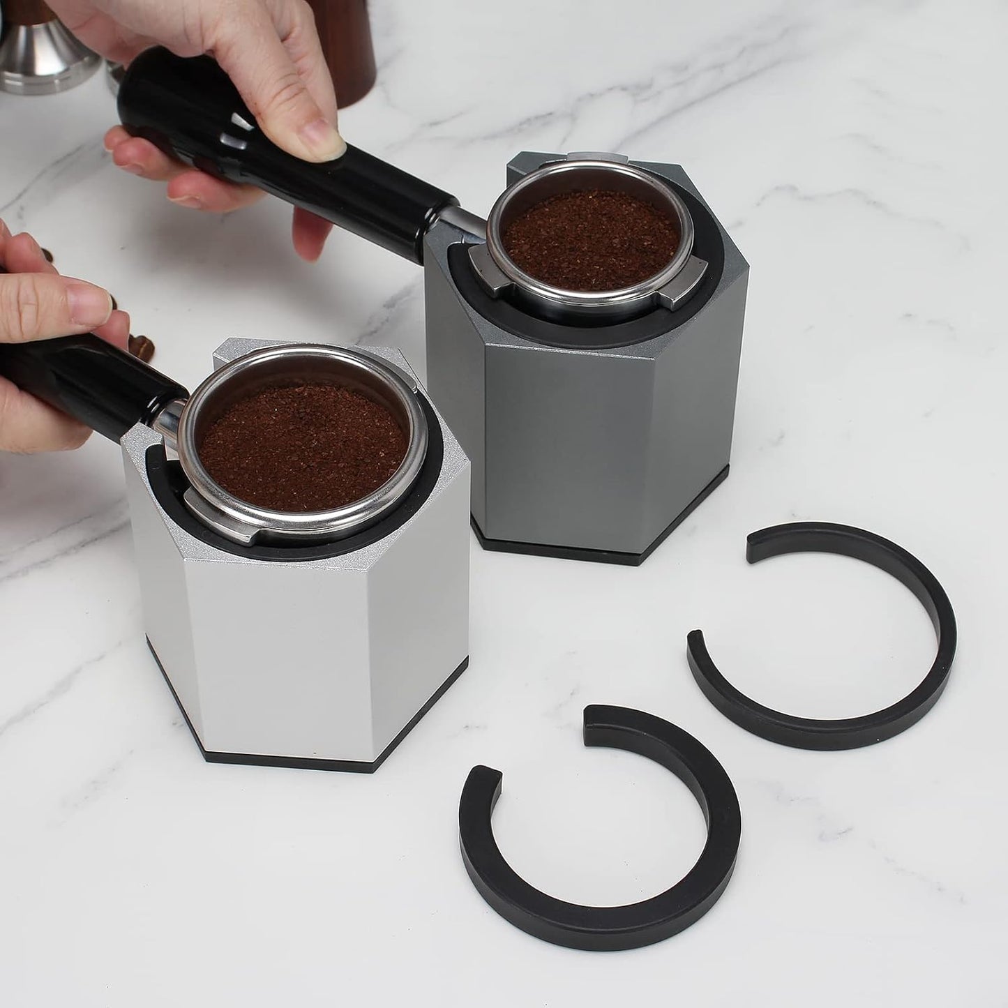 DIBTSA Espresso Tamping Station, Coffee Portafilter Holder, Aluminum Alloy Stand for Most 51mm, 53mm, 54mm, 58mm Coffee Portafilter (Hexagon,Silver)