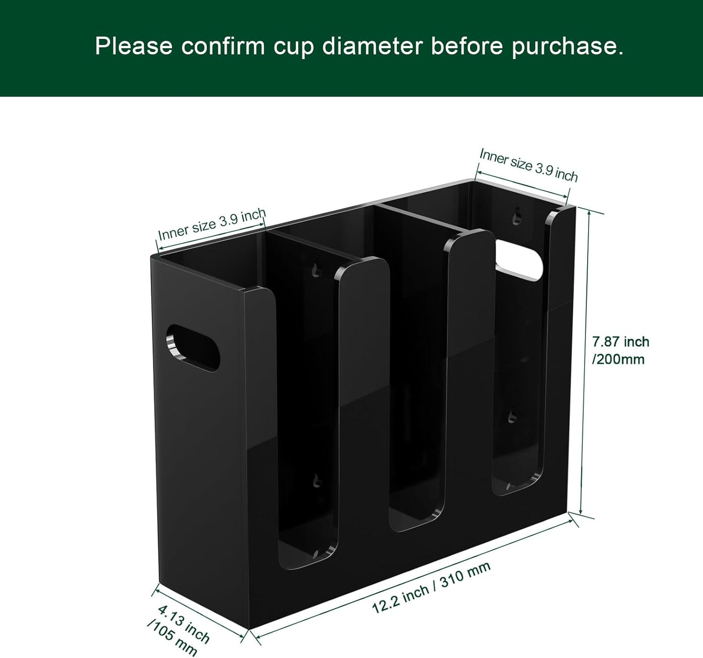 Disposable Coffee Cup Dispenser with Handles, Countertop or Wall Mount Hot/Cold Drink Cup and Lid Holder - Bathroom/Kitchen/Office Acrylic Cup Lid Storage Organizer (3 Compartments, Black)