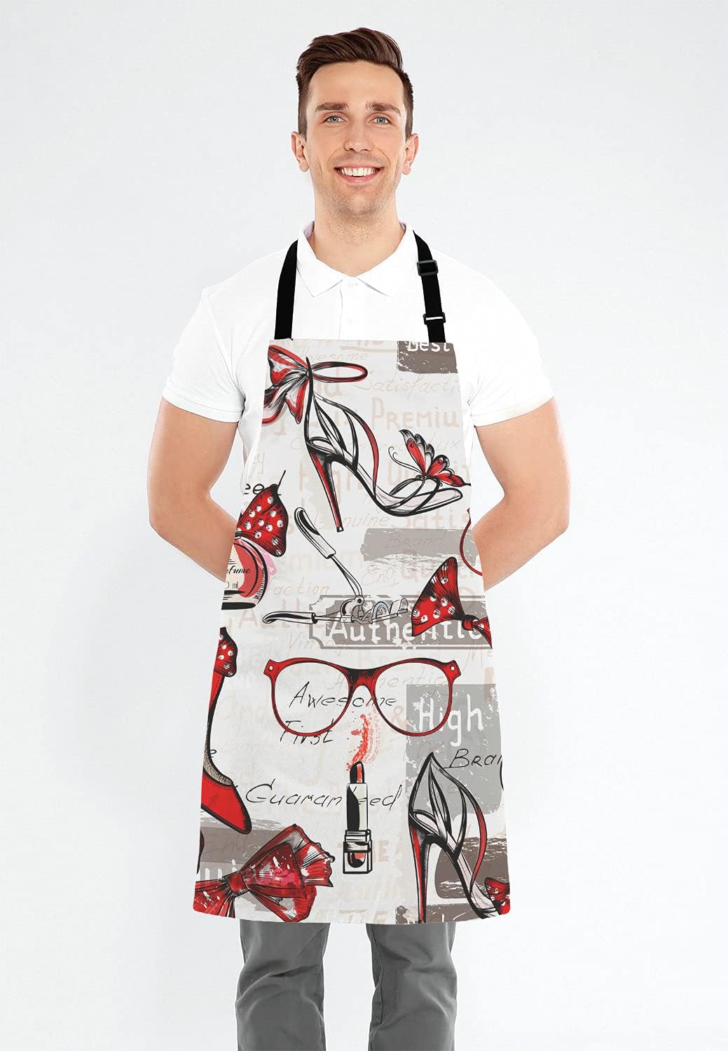 Fashion Girl Apron, Watercolor Red Lipstick Perfumes High Heels in Vintage Background for Woman Unisex Kitchen Bib with Adjustable Neck for Cooking Gardening,Adult Size