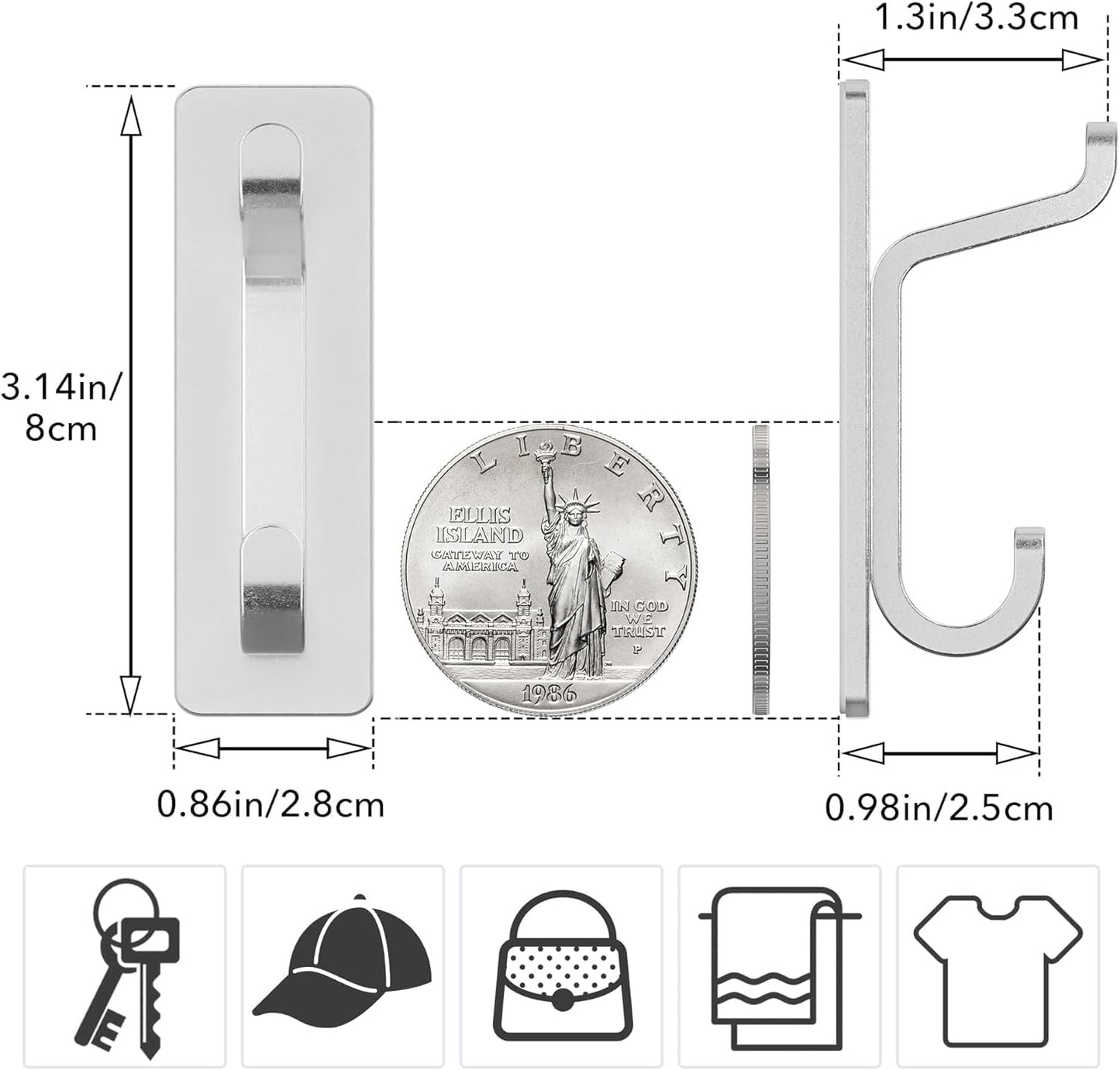 Wall Hooks for Coat and Towel: 13LB Adhesive Door Hanger Stick on, Silver 6 Pack