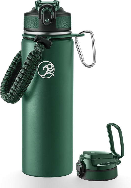 GOSWAG Insulated Sports Water Bottle, 24oz 2 Lids(with Straw/No Straw), Stainless Steel Water Bottles with Paracord Handle, Insulated Bottle with Double-Wall Vacuum Insulation