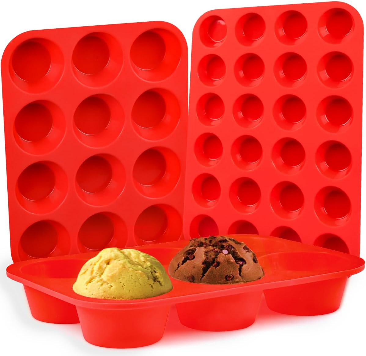 Silicone Muffin Pan Set - Mini 24 Cups, Regular 12 Cups Cupcake Pan, Jumbo 6 Cups Muffin Pan Silicone Bakeware for Baking Set of 3