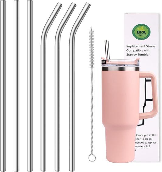 AIERSA Metal Straws for 40oz Tumbler Replacement,12 Inch Reusable Stainless Steel Straw Compatible Stanley Cup, 6pcs Large Straws with Cleaning Brush for Stanley Cup Accessories