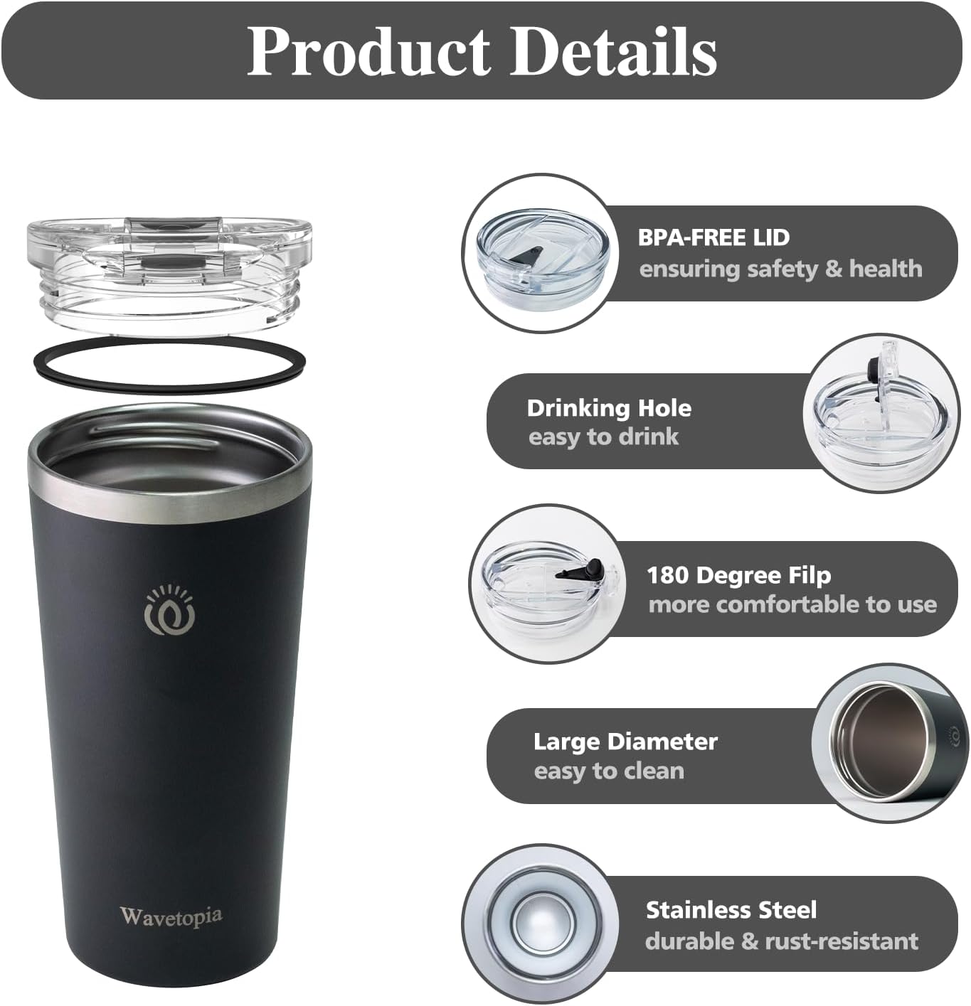 Insulated Coffee Mug with Lid, Reusable Stainless Steel Travel Coffee Cup, 16 Oz Double Wall Vacuum Spill Proof Tumbler Cups for Men and Women Hot & Cold Drinks（Aegean）