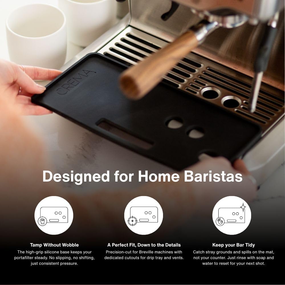 Crema Coffee Products Tamping Mat for Impress | Non-Slip Silicone Protection for Countertops & Portafilters | Precision Fit with Drip Tray & Vent Holes | Easy to Clean, Durable Espresso Tamping Pad