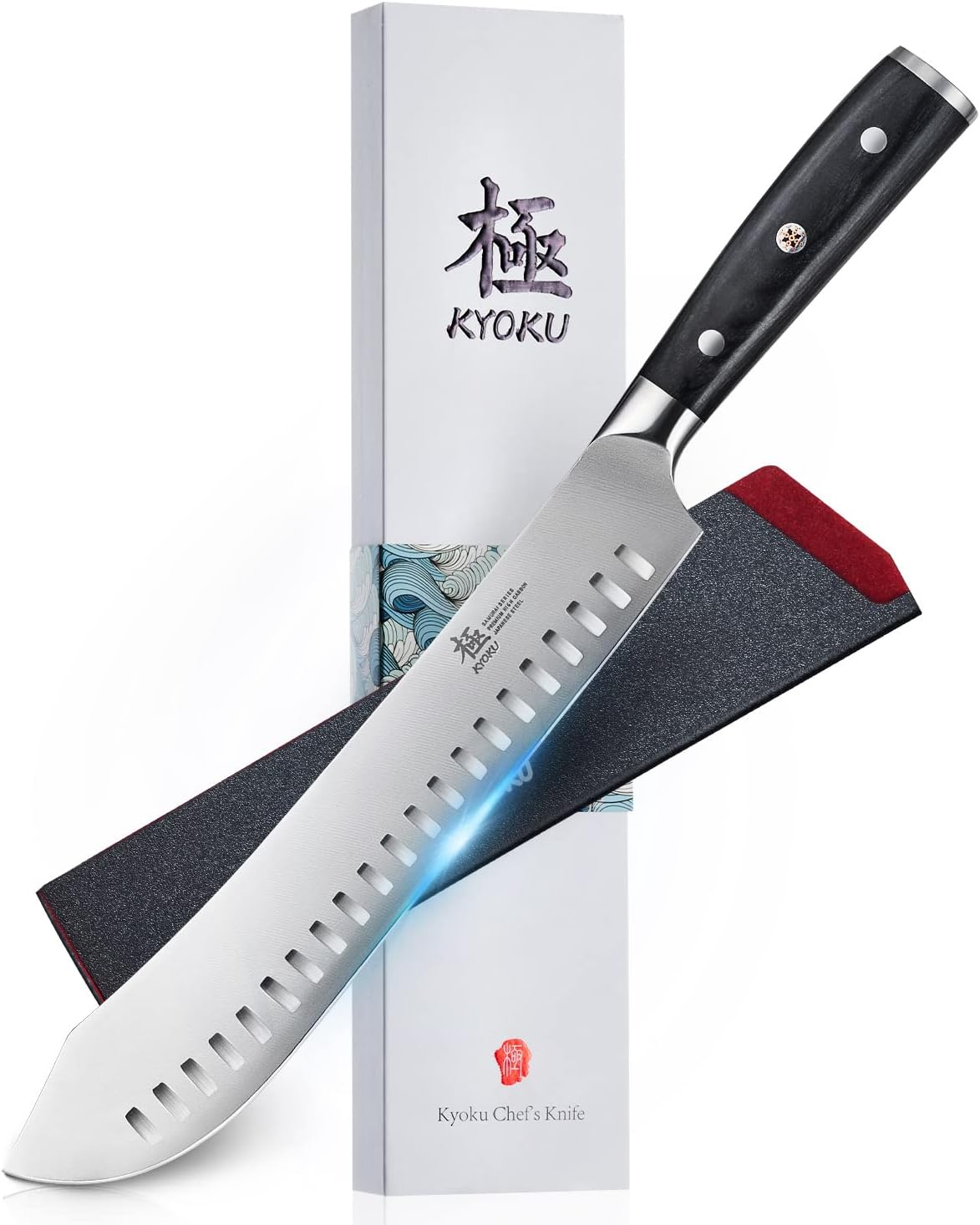 KYOKU 10" Bullnose Butcher Knife, Samurai Series Butcher Knife for Meat Cutting Chopping with Pakkawood Handle, Japanese High Carbon Steel Kitchen Knife for Professional Chef & Cook with Sheath & Case