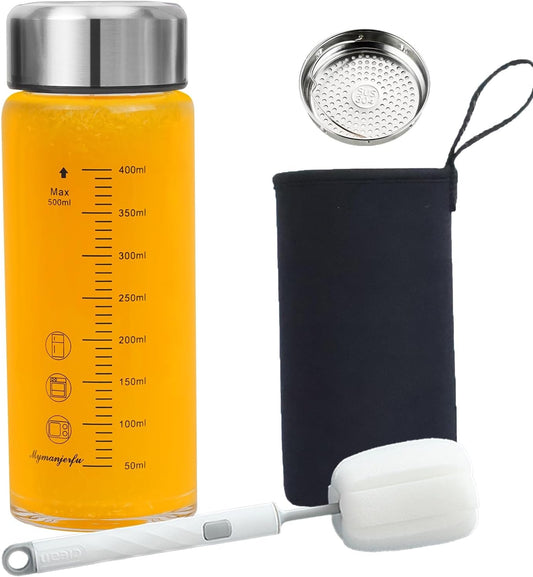 Glass Juice Bottles 16 oz - Wide Mouth Glass Water Bottles with Lids and Sleeve- for Juicing, Smoothies, Milk, Protein, Reusable, Stainless Steel Lids, Leak Proof, Shaker bottle (16oz/500ml)