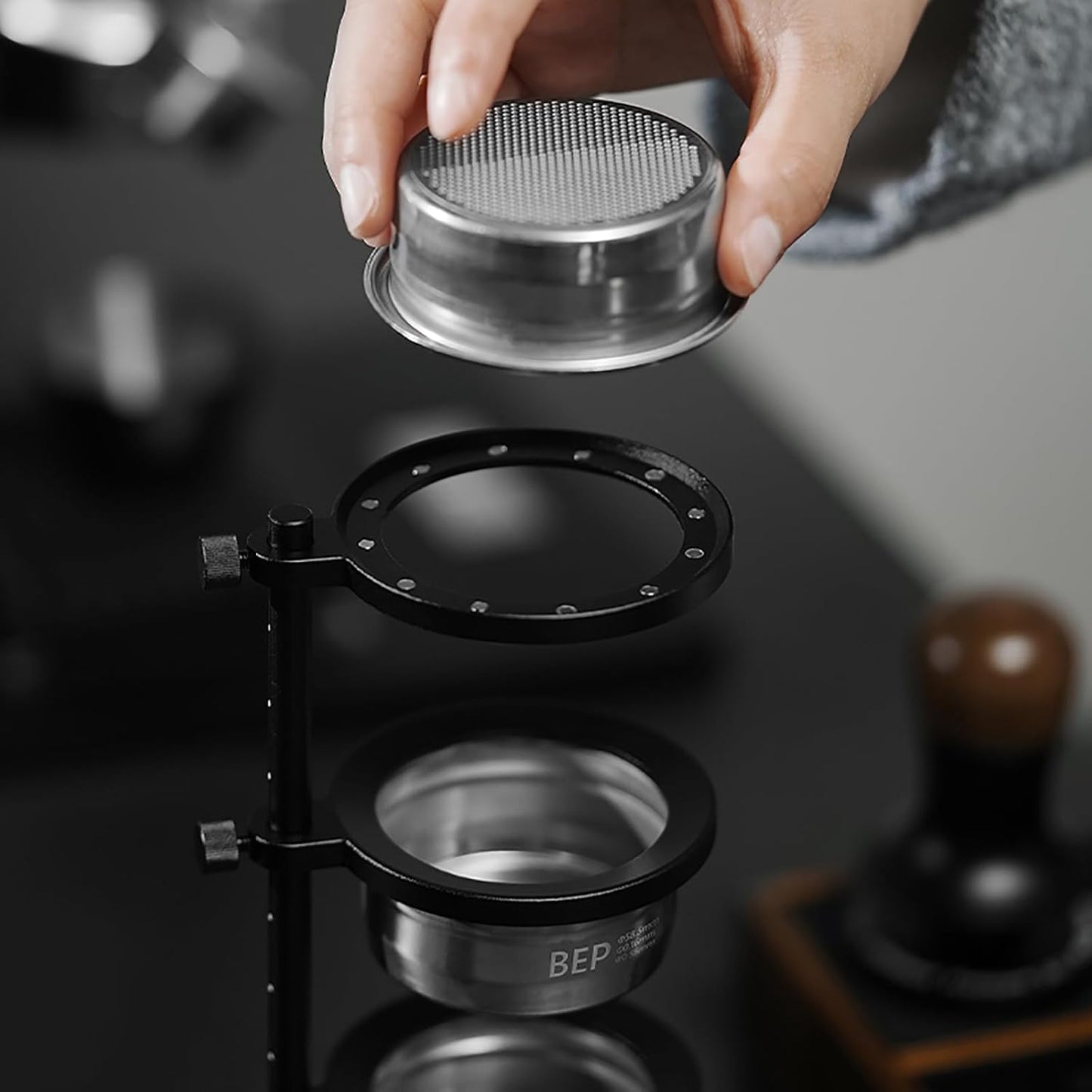 MHW-3BOMBER Magnetic Portafilter Basket Storage Stand, Espresso Filter Basket Holder Rack for 51/53/54/58mm Coffee Filter, Removable Espresso Display Bracket SR6106-OS