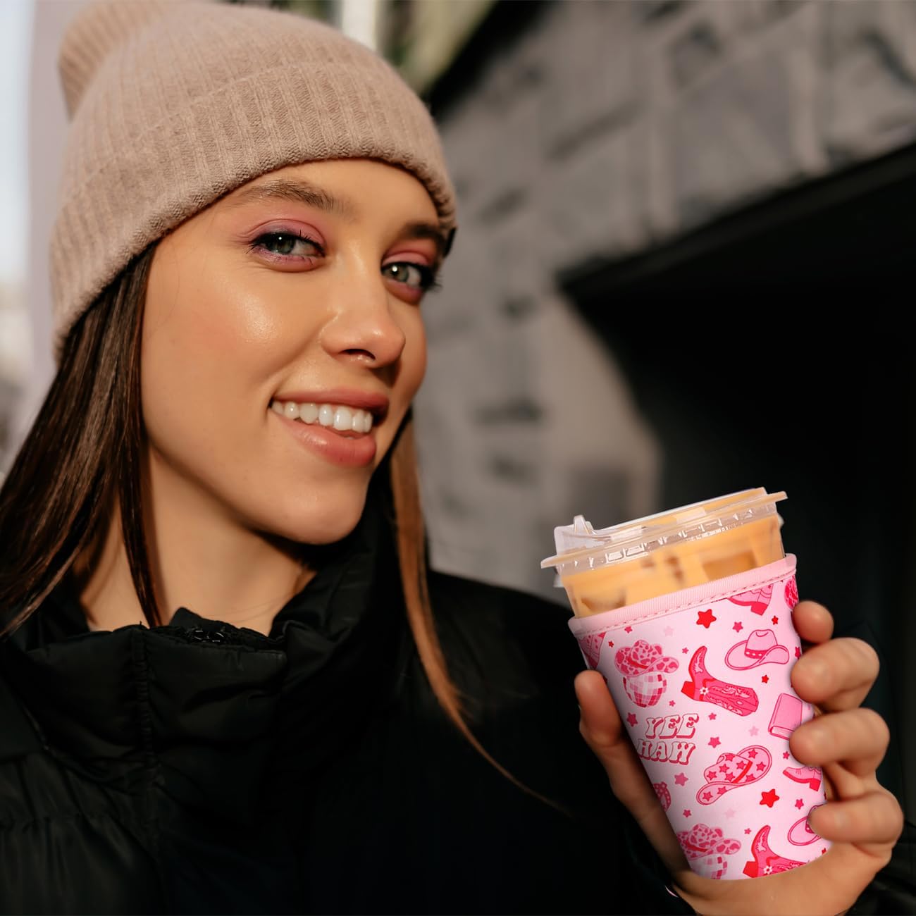 Reusable Insulated Neoprene Iced Coffee Cup Sleeve, Durable Drink Sleeve for Cold Beverages, Beverage Holder for Iced Coffee, Pink Cowgirl