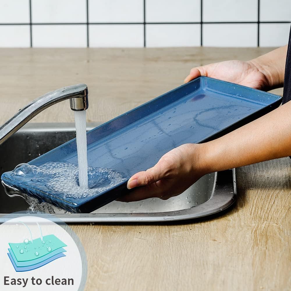 KOOV Ceramic Serving Tray, 14 Inches Large Serving Platter, Rectangular Serving Tray, Porcelain Serving Plates, Ceramic Serving Dishes for Dinner, Party, Sushi, Dessert, Food, Set of 4 (Stone Blue)