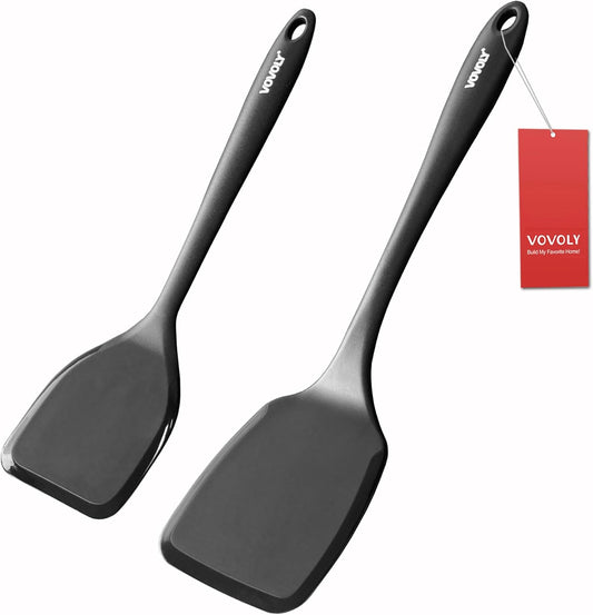 Silicone Spatula Set, 600°F Heat Resistant Silicone Spatula Turner Flipper for Cooking, Non Stick and Non Scratch Kitchen Utensils for Eggs, Burgers, Crepes, 2-Pack Solid Spatulas Set, Black