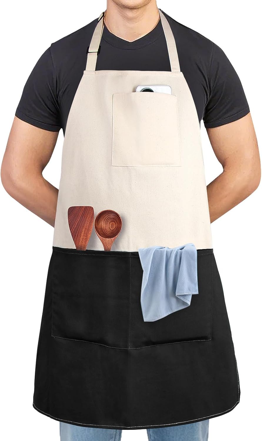 Chef Apron Unisex Two-Tone Professional Kitchen Bib Apron with 2 Pockets Cooking, Grilling, and Baking Gift