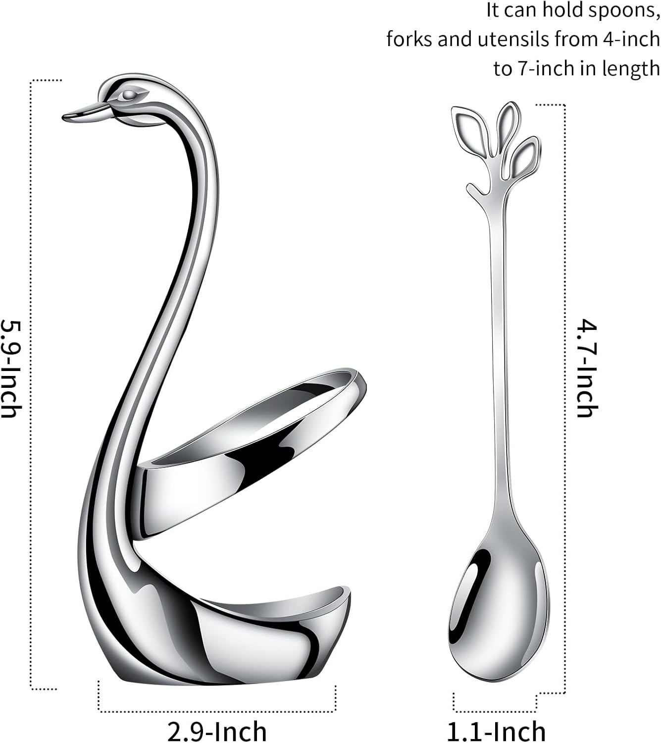 AnSaw Silver Small Coffee Spoon Holder Set,Swan Base With 10 Pcs Demitasse Espresso Spoons Set,4.7" Mini Leaf Dessert Spoon,Stainless Steel Tea Spoons