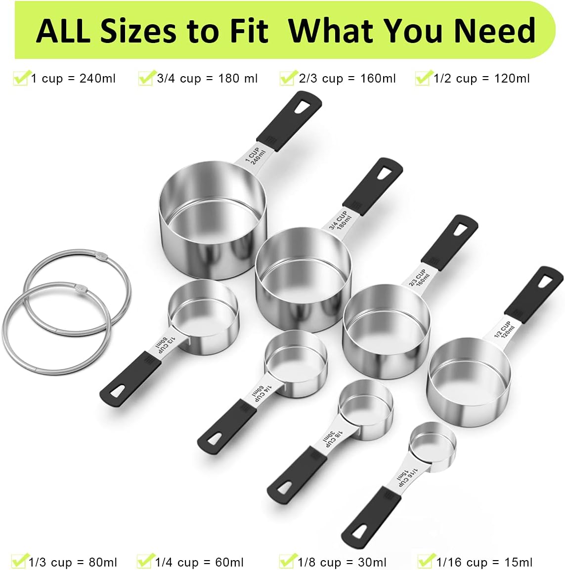 Measuring Cups & Spoons Set of 18 - Wildone Stainless Steel Nesting Measuring Cups 8 Piece and 9 Measuring Spoons, 1 Leveler, Ideal for Dry and Liquid Ingredients (Black)