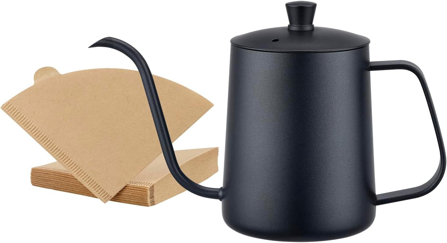WELLLINK Pour Over Coffee Kettle 20oz 600ML, Leak Proof One-Piece 304 Stainless Steel Gooseneck Kettle with Lid, Food Grade Easy-Clean Narrow Spout & 40 Filters for Home Brewing