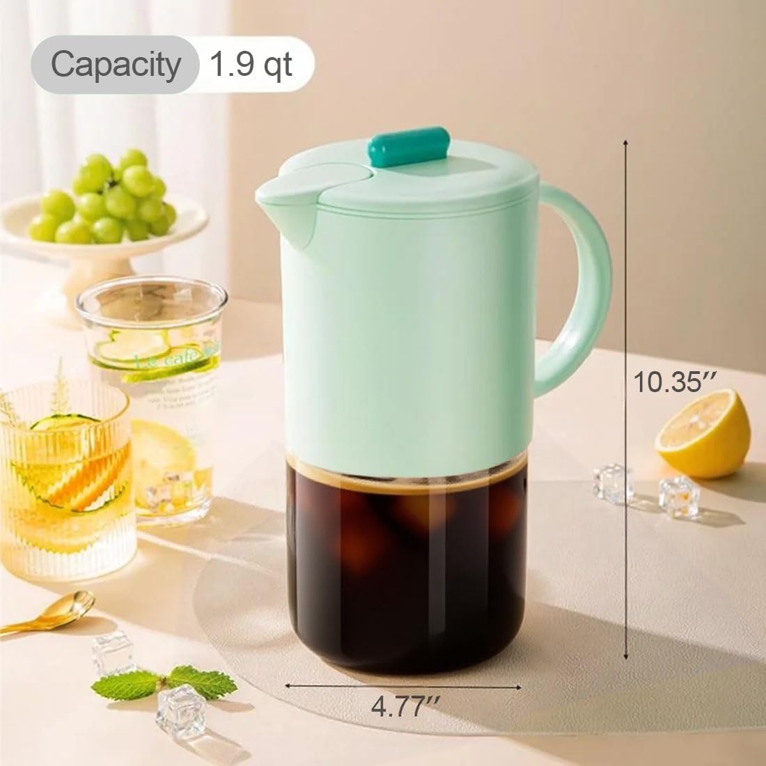 Delove Cold Brew Coffee Maker with Auto Spout – Shatterproof Plastic Shell, Wide Mouth Design – 62 oz (1.9 Quart) Iced Tea Glass Carafe with Removable Removable Mesh Filter (1, Light blue)