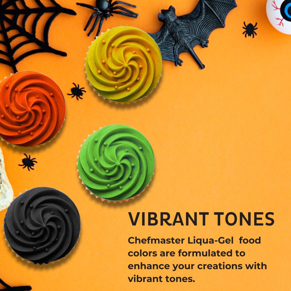 Chefmaster - Halloween Colors Liqua-Gel Food Coloring Kit - Water-Based Food Coloring Gel - 4 Pack - Highly Pigmented, Create Vividly Colored Desserts, Easy-To-Blend Formula - Made in the USA