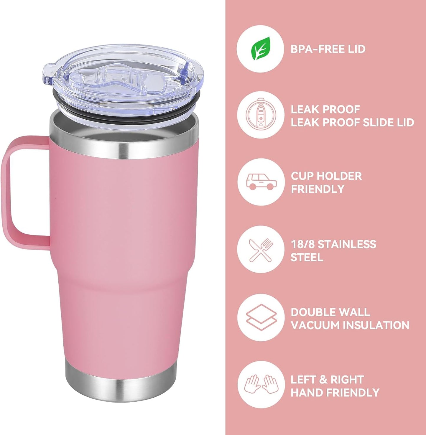VEGOND 20 oz Tumbler Bulk with Handle Lid and Straw, Stainless Steel Insulated Travel Coffee Mug Set, Spill Proof Double Wall Metal Tumblers Cups, Pink 6 Pack