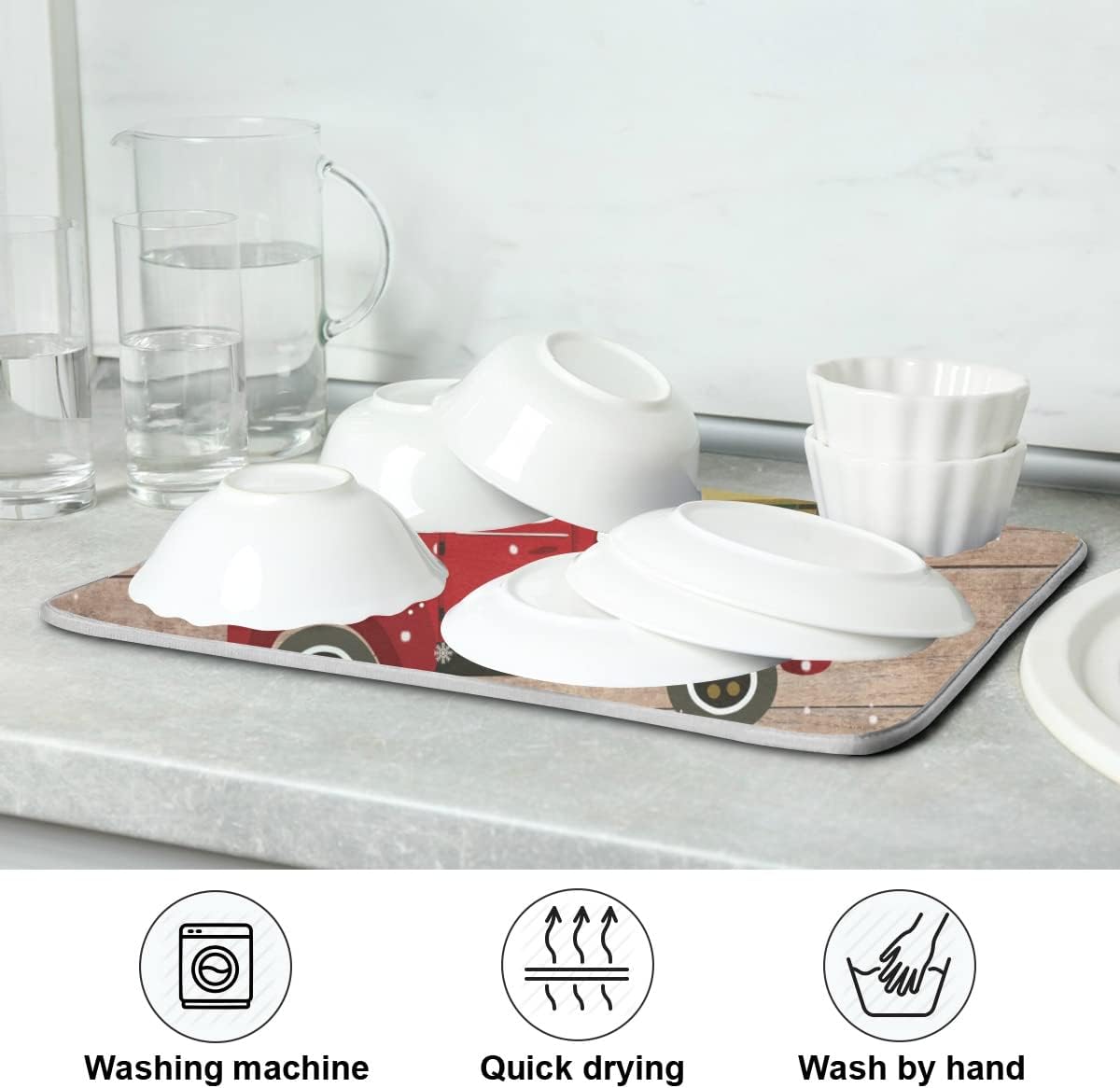 Christmas Dish Drying Mat 18 x 24 Inch with Hanging Loop High Absorbent Reversible Microfiber Red Truck Buffalo Check Plaid Dish Mat Dish Drying Pad Dish Rack Pad Drainer Mat Counter Mat